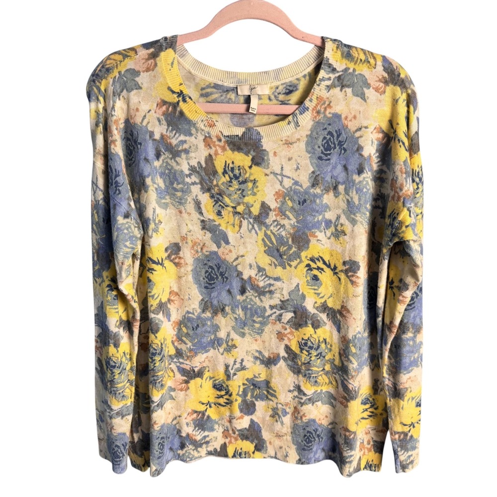 Joie Blooming Roses‎ Floral Sweater Blue Yellow Wool Blend Pullover K021-7887